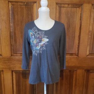 Gray Laura Scott Butterfly Print Women's 3/4 Sleeve Top